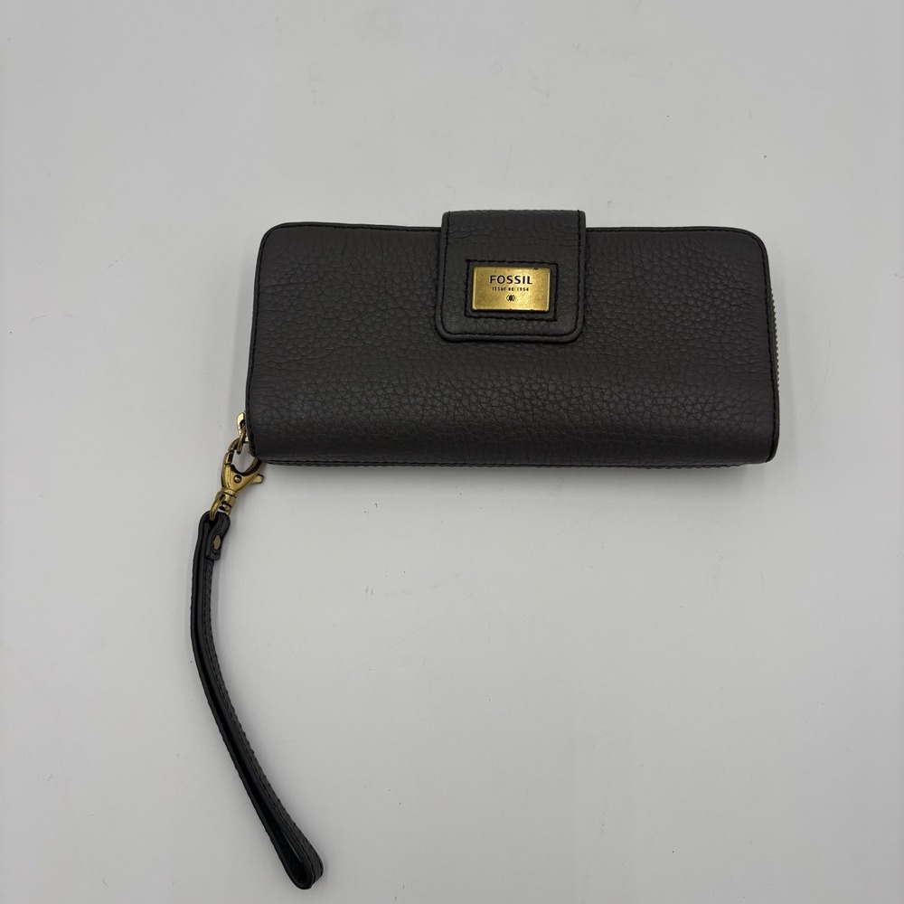 Fossil Gray Leather Wallet Womens Checkbook  Wristlet Coin Cards